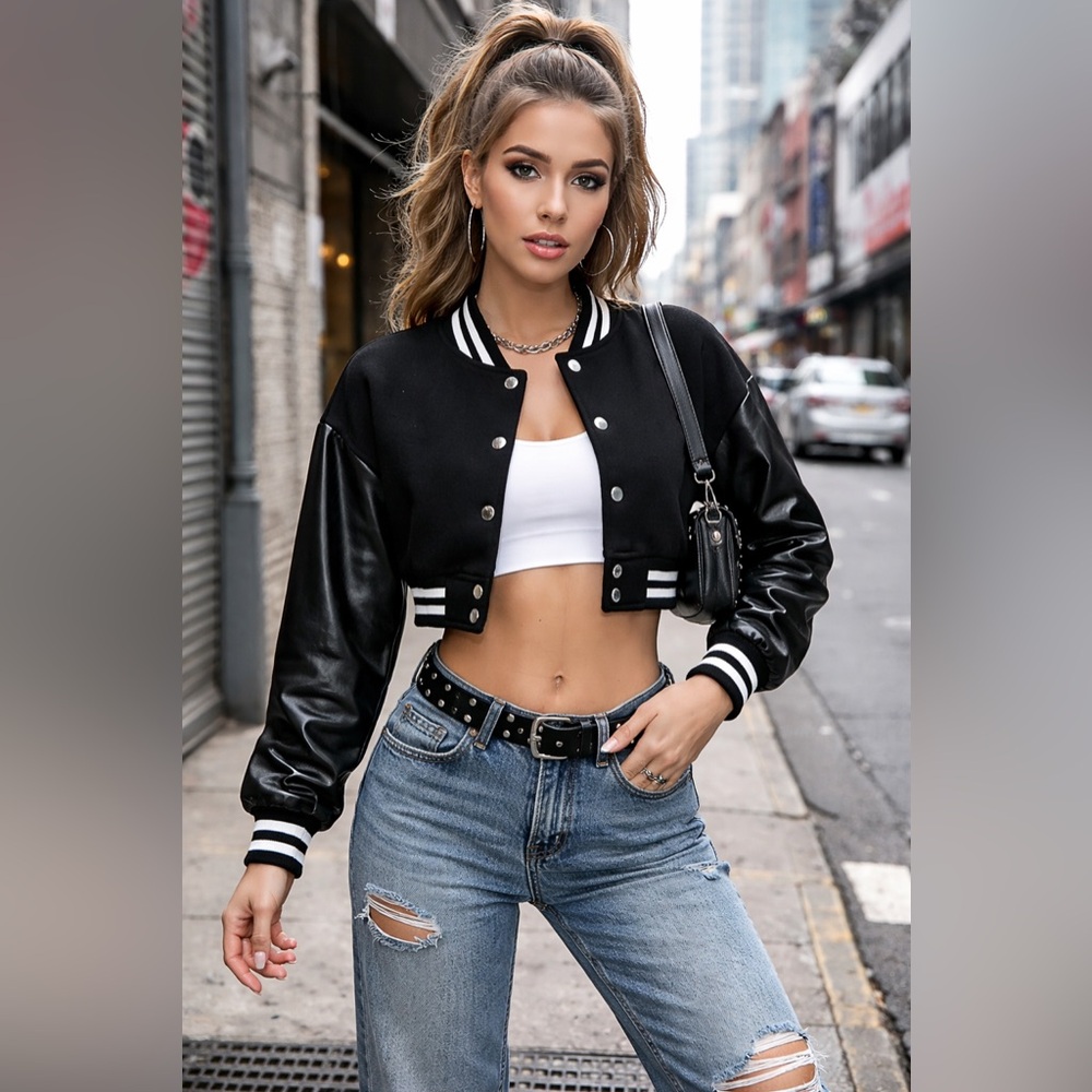 NWOT Fashion Nova Cropped Varsity Jacket Black Faux Leather Sleeve Sz Small Y2K